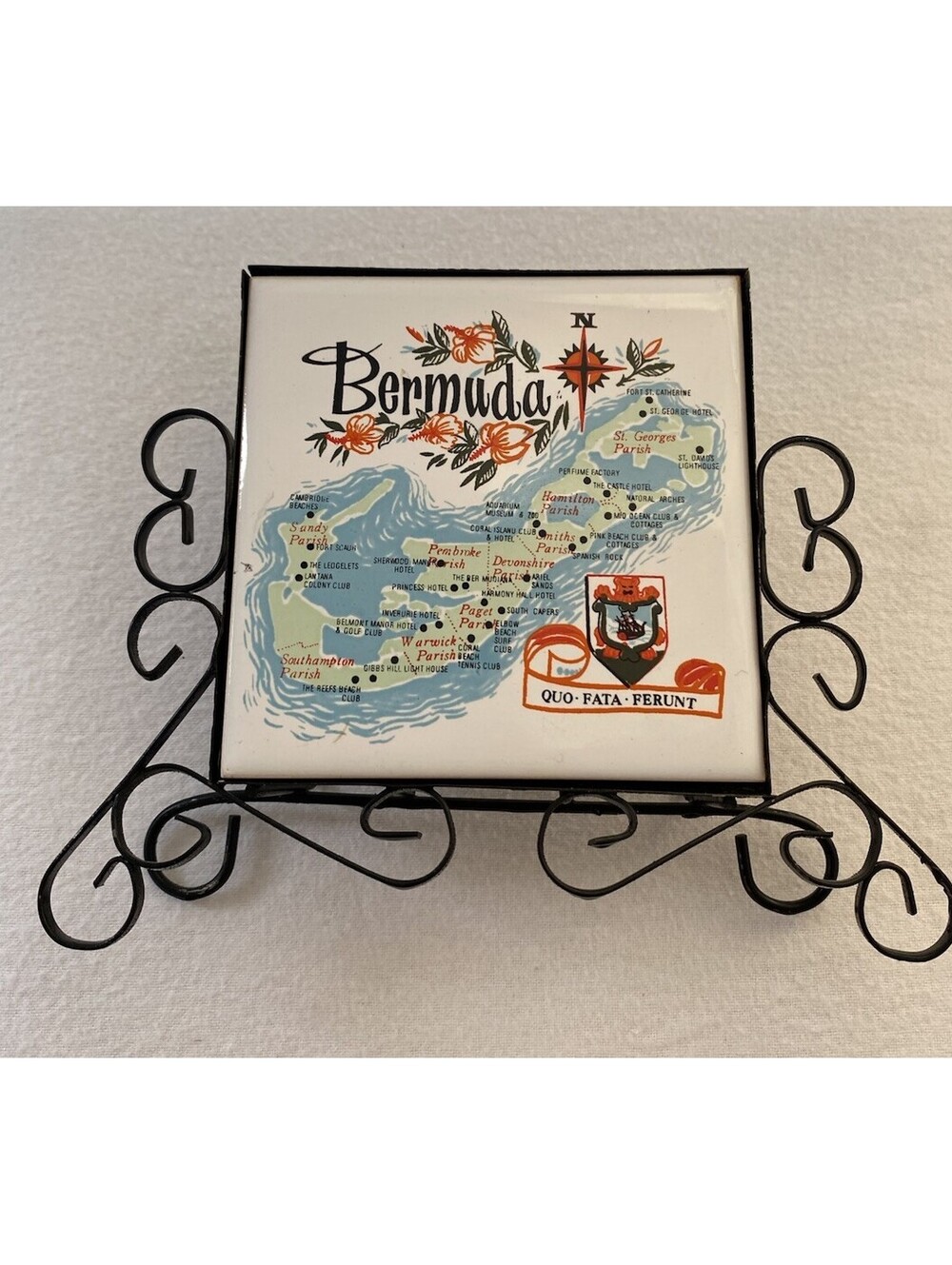 Vintage Bermuda Island Map Souvenir Napkin Holder Trivet Wall Decor Retro